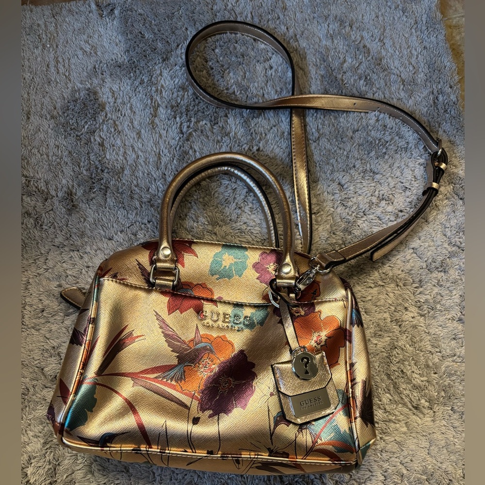 Guess golden bag with bird and floral pattern